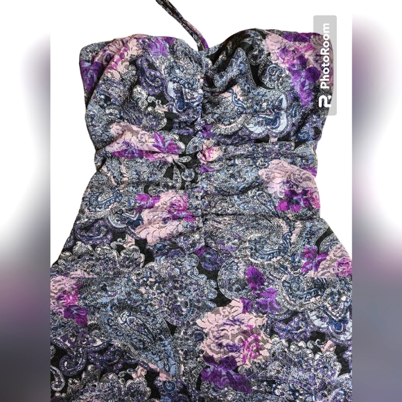 Le Château Strapless Ruched Purple Floral Mesh A-line Dress - Picture 3 of 7